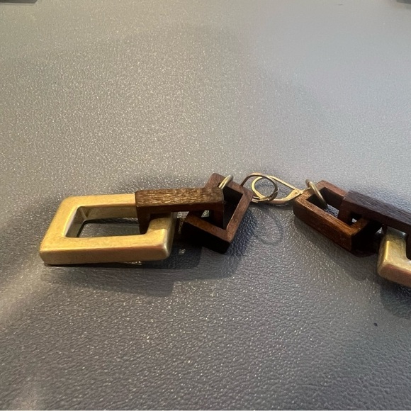 Gold & Brown Geometric Link Earrings for Pierced Ears Leverback French Closure - Picture 3 of 7